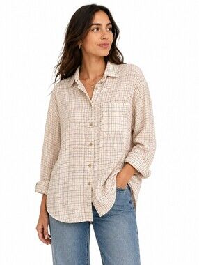 Jackpot by Carligry 100% Women’s Linen Plaid Shirt Beige Button Up- 2 (S)